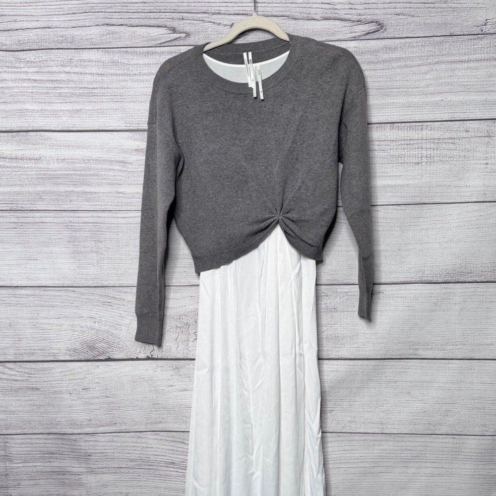 Anthropologie Grey Twist Front Sweater White Mixed Media Midi Dress XXS - Picture 2 of 9